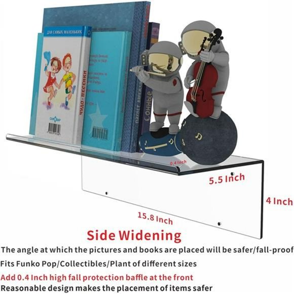 15.8" Acrylic Floating Wall Ledge Shelf, Wall Mounted,  5MM Thick, Set of 2 - Picture 3 of 6